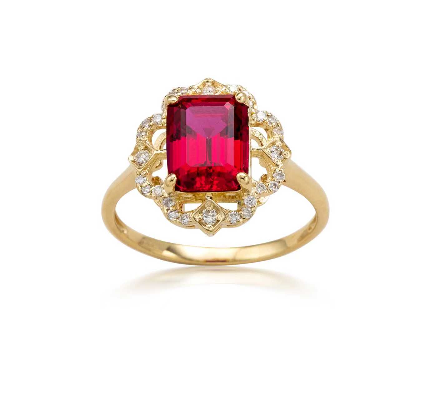 RING 9KY LAB RUBY + LAB DIA TDW=0.18CT