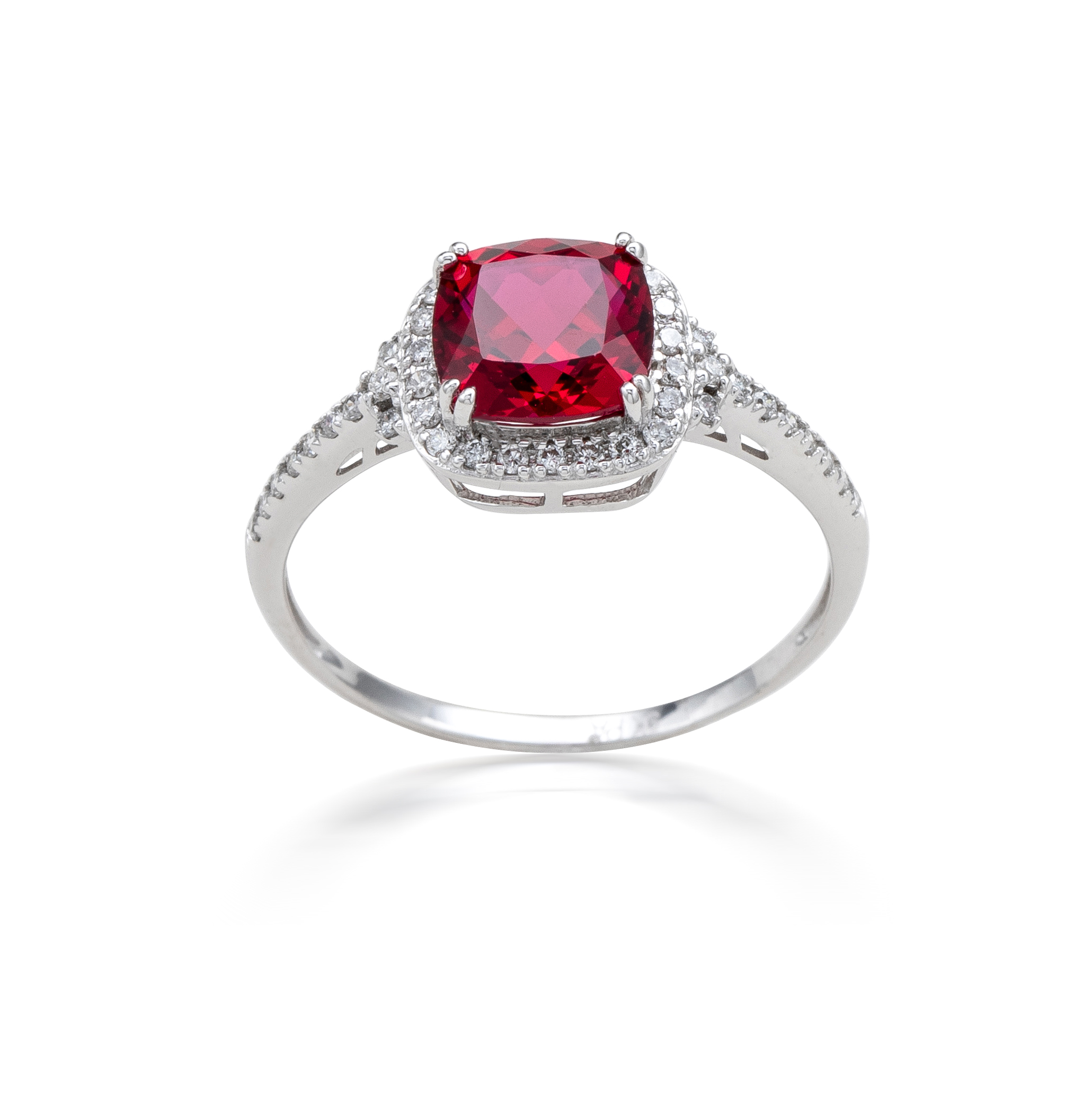 RING 9KW CUSH LAB RUBY + LAB DIA TDW=2.21CT